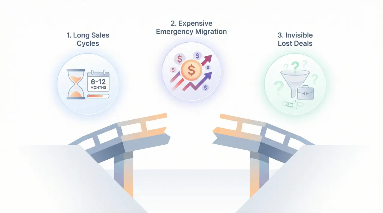 Three dangers of delayed migration: long sales cycles, expensive emergency migration, invisible lost deals