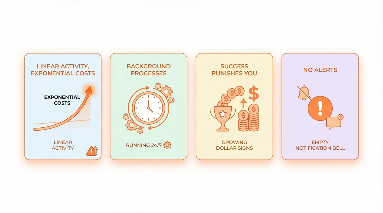 Four reasons WU bills spiral - linear activity exponential costs, background processes, success punishes you, no alerts