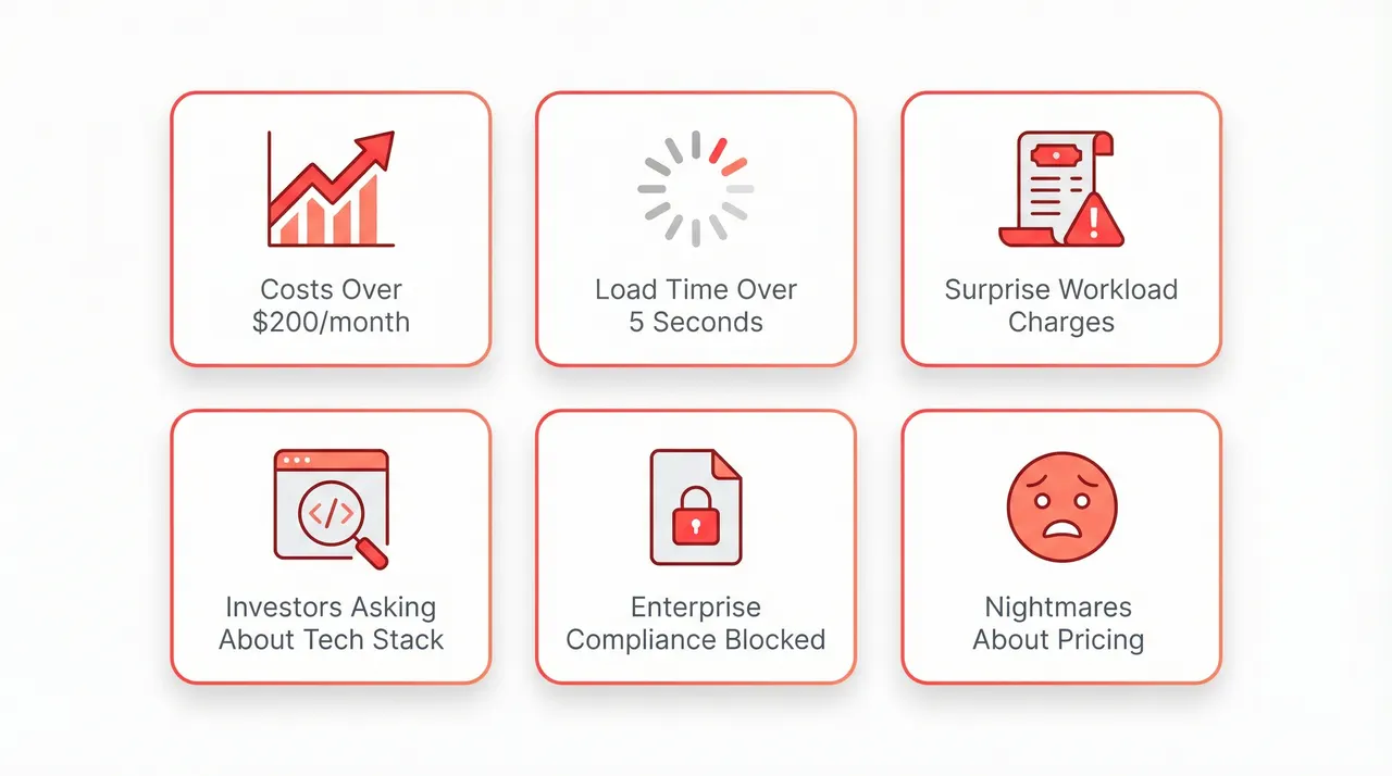 Six warning signs to migrate: costs over $200, slow load times, surprise charges, investor questions, compliance blocks, pricing anxiety